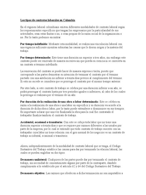 los tipos de contratos laborales en colombia pdf derecho laboral salario