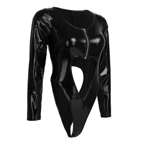Sexy Female Faux Leather Leotard Bodysuit Wet Look Jumpsuit Front