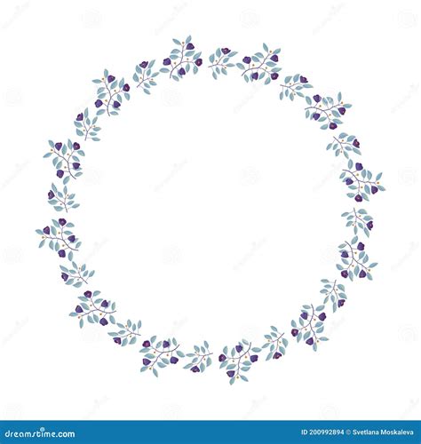 Floral Wreath Branches With Teal Leaves And Purple Flowers On White