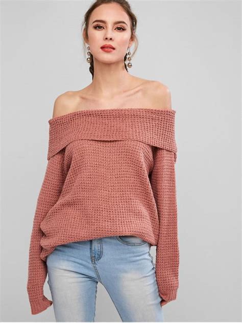 35 Off 2021 Solid Pullover Off Shoulder Overlay Sweater In Pink Zaful