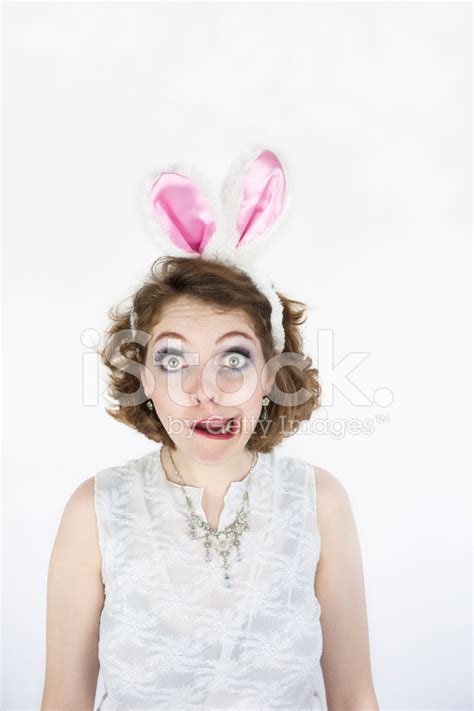 Pretty Woman In Easter Rabbit Ears Making Face Stock Photo Royalty