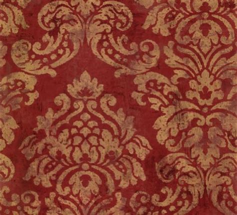Red And Gold Distressed Damask Wallpaper Scrolling Leaf
