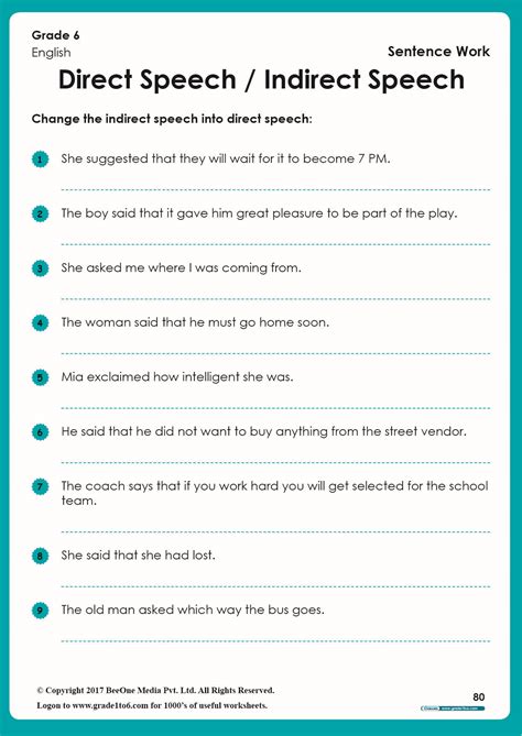 Direct And Indirect Speech Exercises Grade1to6