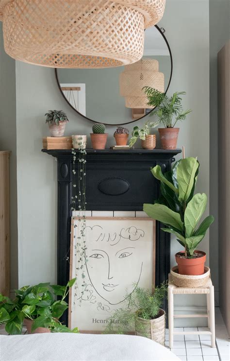 Boho Bedroom Mantlepiece Fireplace Styling Inspiration Sage Green