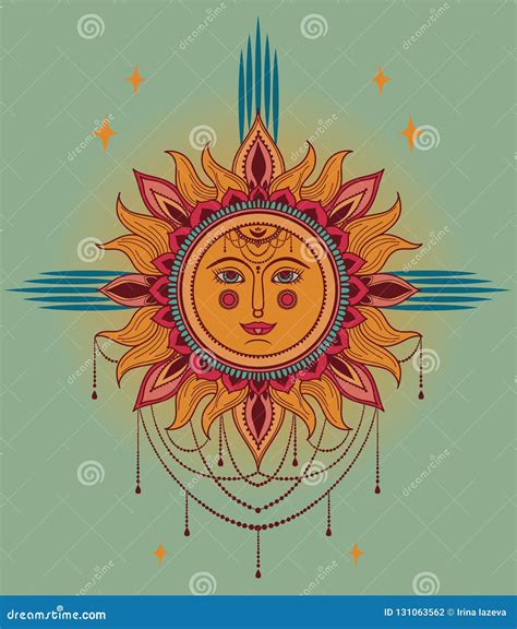 Poster With Boho Style Sun And Jewels Stock Vector Illustration Of