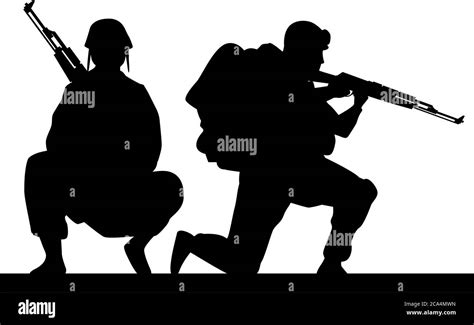 Two Soldiers Military Silhouettes Figures Vector Illustration Design