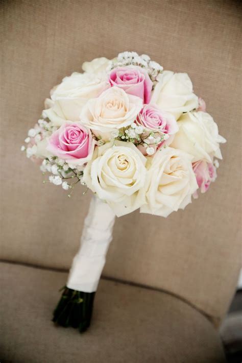 Hand Tied White And Soft Pink Garden Rose Bouquet With Babies Breath By