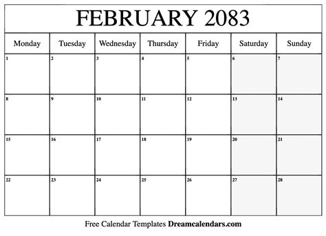 February 2083 Calendar Free Blank Printable With Holidays