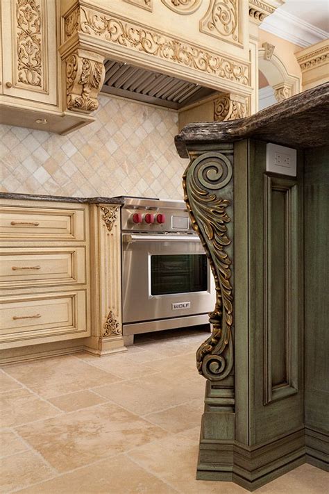 Custom Classic Hand Carved Kitchen Design With Green Island Cream