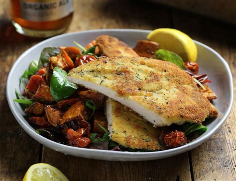 Chicken schnitzel with lemon and pepperfoodista. Rosemary Chicken Schnitzel with Garlicky Roast Sweet ...