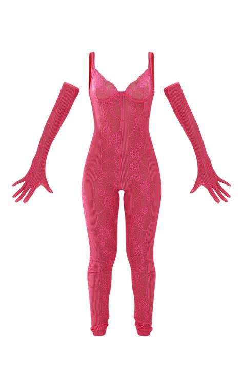 Pink Lace Underwired Body Stocking With Gloves Prettylittlething