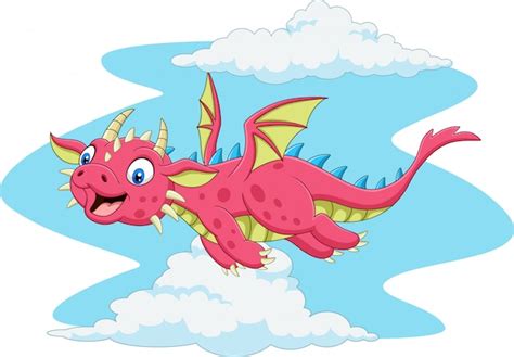Dibujos Animados Feliz Dragón Rojo Volando Vector Premium