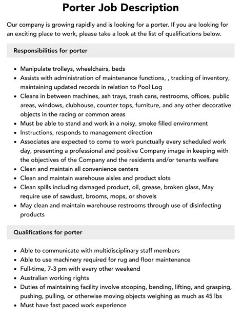 Porter Job Description Velvet Jobs