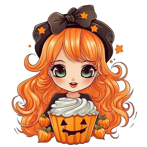 Cute Halloween Girl Cartoon With Kawaii Pumpkin Cupcake Hand Drawn