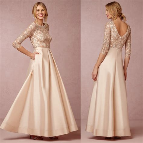 Elegant Champagne Sleeve Lace Hand Beaded Mother Of The Bride Dresses Long Formal Dresses