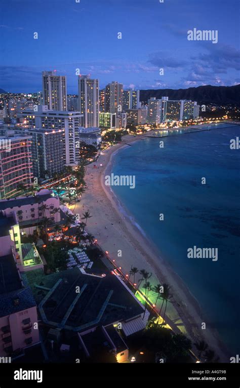 Overview Of Waikiki Beach At Night Honolulu Oahu Hawaii Usa Stock Photo