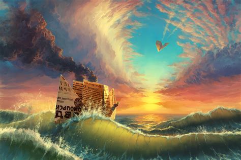 Russian Nature Landscape Ship Water Sea Clouds Digital Art