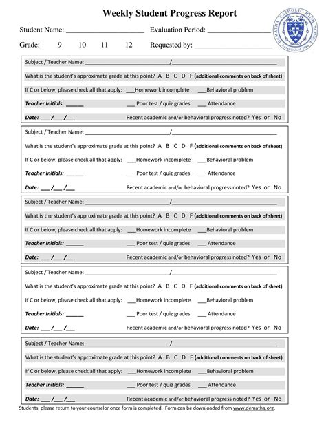 Student Weekly Progress Report Templates At