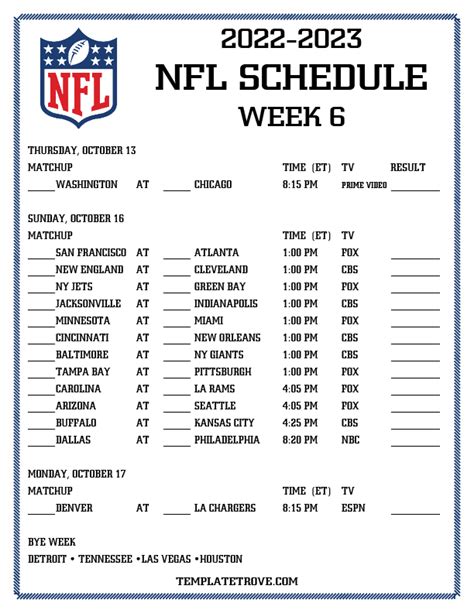 Nfl Week 6 Printable Schedule List Of Nfl Weekly Football