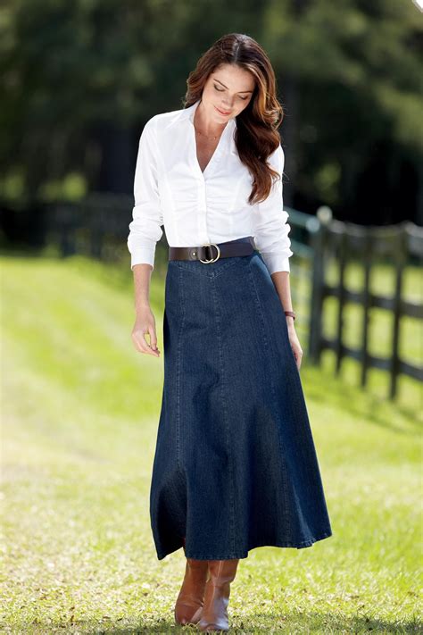 gathered blouse and long denim skirt ch082 womens fashion modest fashion long denim skirt
