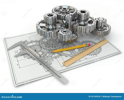 Engineering Drawing Gear Trammel Pencil And Draft Stock Illustration