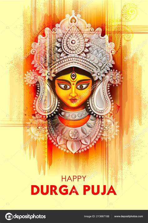 Goddess Durga Face In Happy Durga Puja Subh Navratri Background Stock