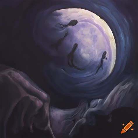 Junji Ito Inspired Surrealistic Painting Large Moon Dark And