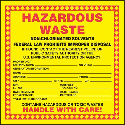Hazardous Waste Label Hazardous Waste Non Chlorinated Solvents
