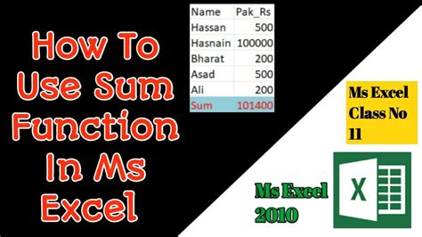 How To Use Sum Function In Ms Excel 2010 Youtube