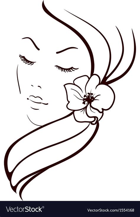 Line drawing art woman face with hands vector. Woman Face with Beautiful Flower in Hair Sketch vector ...