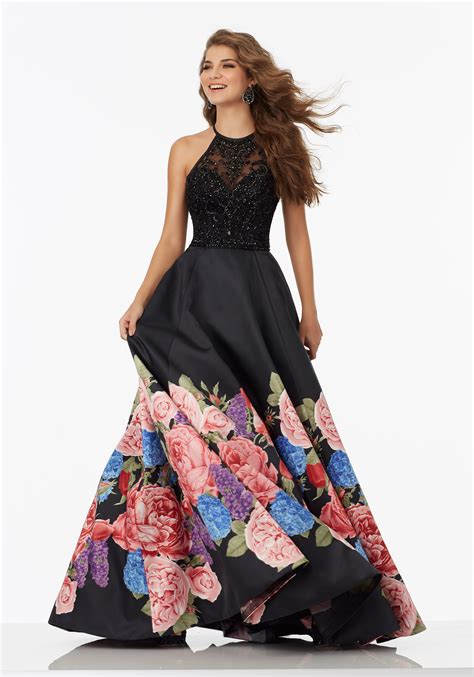 Gucci sleeveless little black dress with black resin flower brooch. Floral Printed Satin Prom Gown with Net Bodice | Style ...