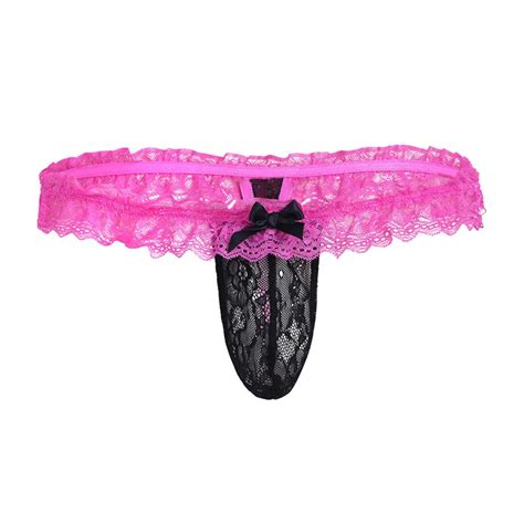Men Lingerie Lace See Through Bikini Briefs Mesh Applique Ruffled Open Butt Underwear Underpants