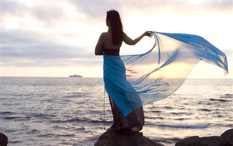 Wallpaper Women Model Sea Water Rock Beach Dress Blue Wind Romance Beauty Ocean