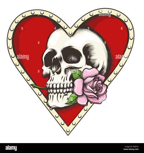 Human Skull With Rose Flower In Red Heart Shaped Hole Drawn In Tattoo