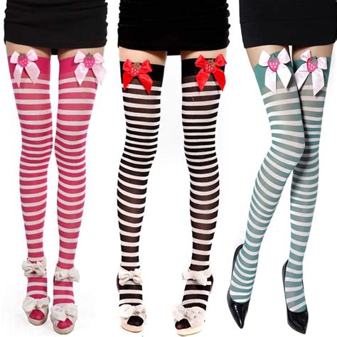 New Womens Sexy Cute Striped Thigh High Stockings Candy Color Sheer