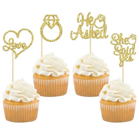 Buy Gyufise He Asked She Said Yes Cupcake Toppers Gold Glitter Diamond Ring Heart Love Cake