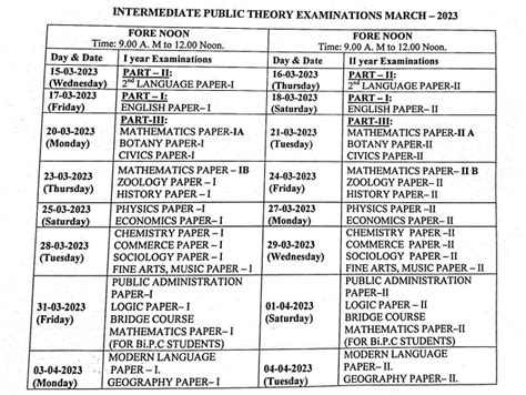 Ap Inter 1st And 2nd Year Time Table 2023 Andhra Pradesh Intermediate
