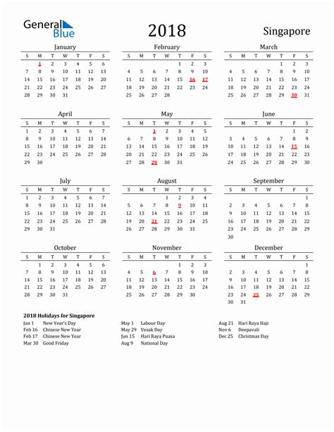 Free Singapore Holidays Calendar For Year 2018