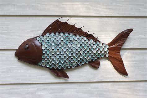 Nautical Wall Decor Metal Fish With Aqua Limpet Shell Scales