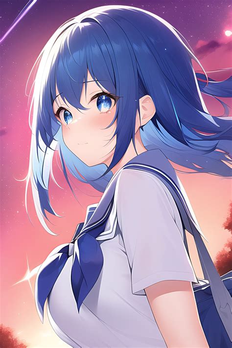 artstation anime art blue eyes and blue hair school girl