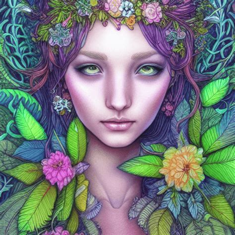 Elegant Hyperrealistic Adorable Goddess And Magical Foliage Fantasy