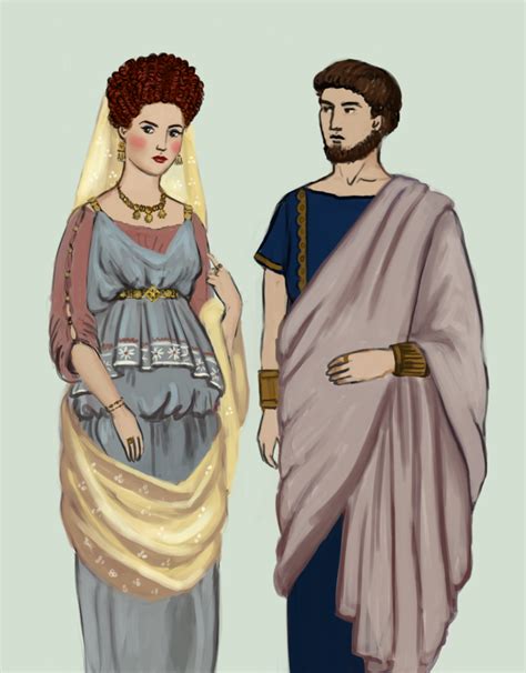 A Man And Woman Dressed In Ancient Greek Costumes Standing Next To