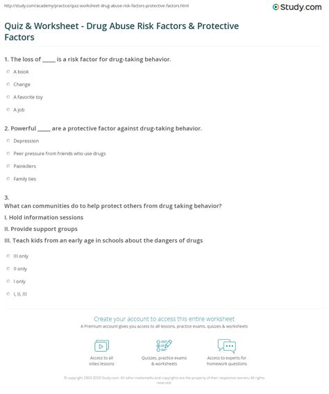 Quiz & Worksheet - Drug Abuse Risk Factors & Protective Factors | Study.com