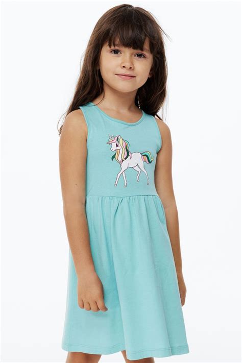 Patterned Jersey Dress Light Turquoiseunicorn Kids Handm Hk