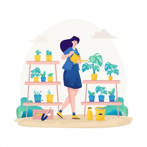 Premium Vector A Woman Watering Decorative Plants Illustration Design