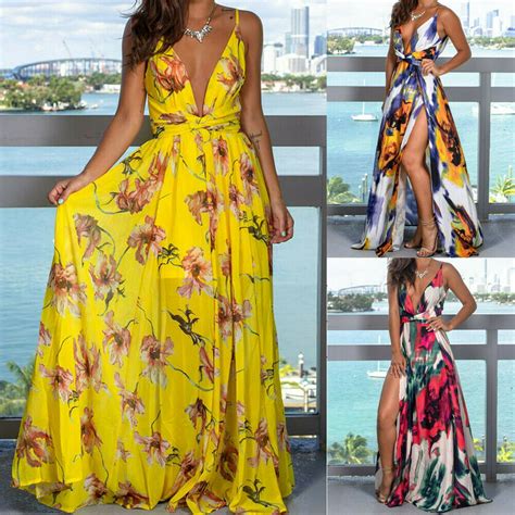 Focusnorm Womens Summer Boho Floral Long Maxi Evening Cocktail Party Beach Dress Sundress