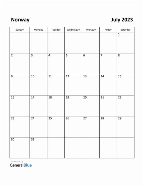 Free Printable July 2023 Calendar For Norway