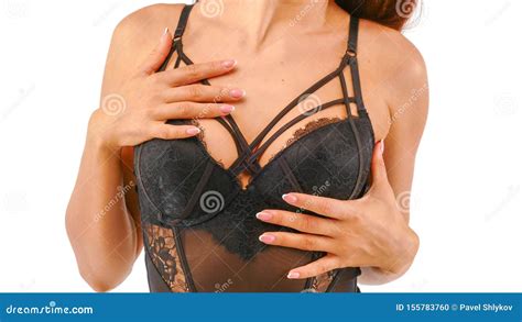 Slim Woman Touching Her Breasts In Black Lingerie Stock Photo Image Of Person Black