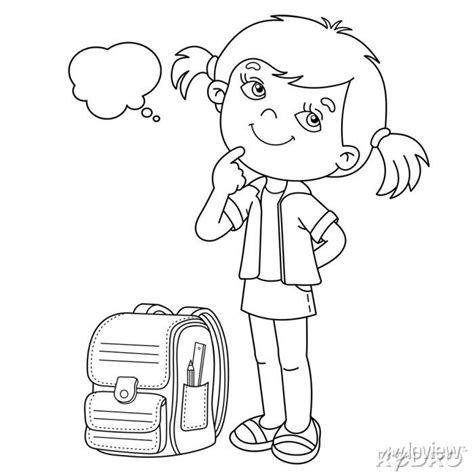 Coloring Page Outline Of Cartoon Girl With Satchel Little Student