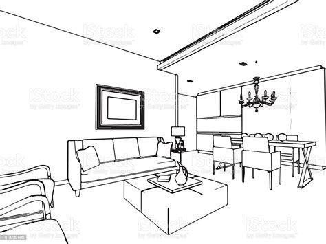 Outline Sketch Drawing Interior Perspective Of House Stock Vector Art